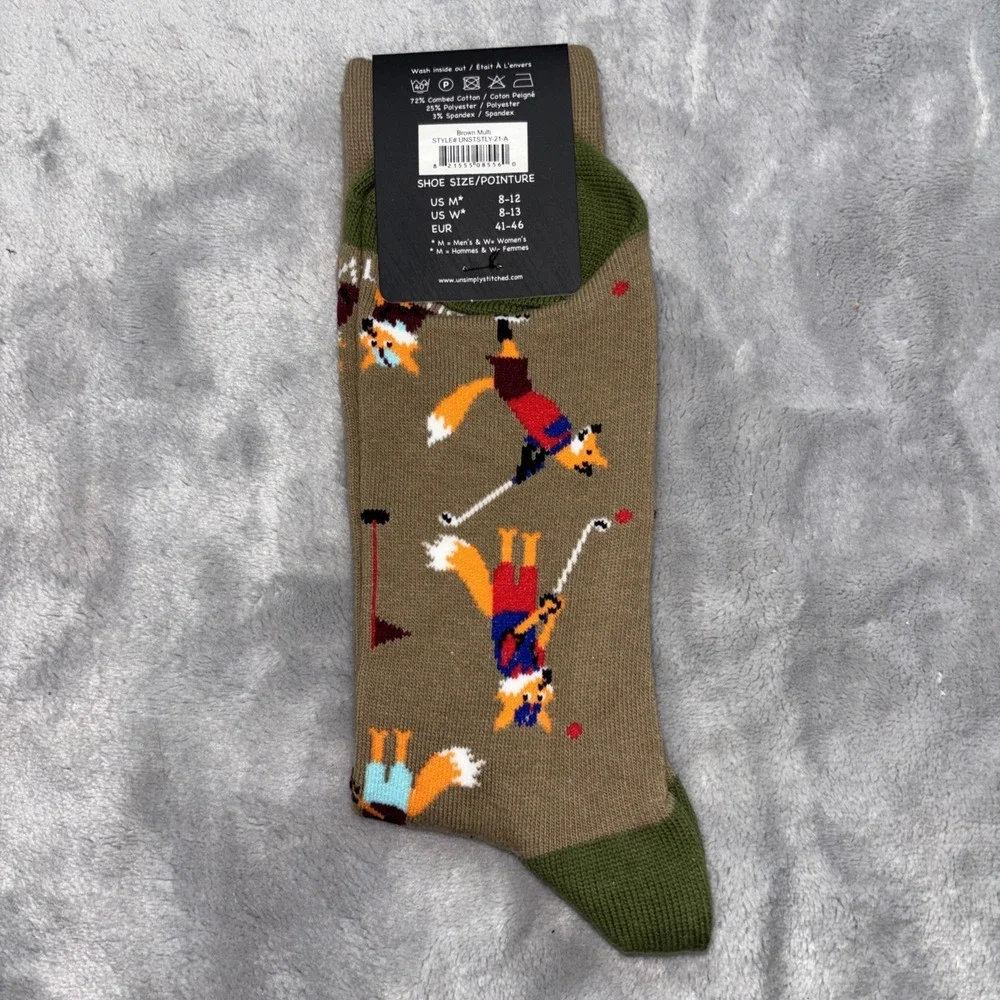 Unsimply Stitched Brown Golfing Fox Printed Crew‎ Socks Mens Size 8-12